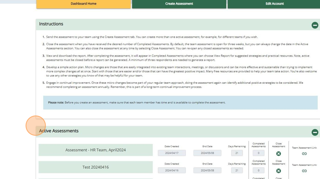 Psychologically Safe Team Assessment dashboard showing the Active Assessments section.