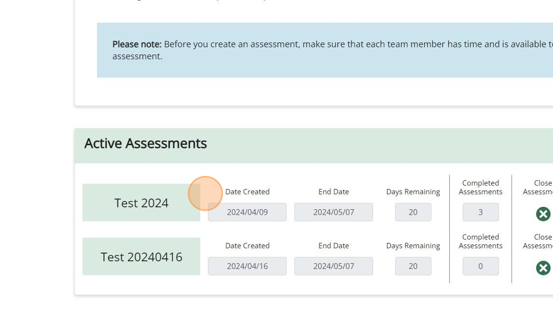 Psychologically Safe Team Assessment dashboard showing the Active Assessments section field headings, including date created, end date, number of days remaining and number of completed assessments.