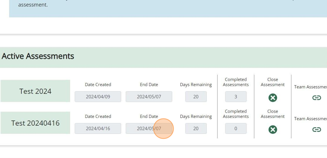 Psychologically Safe Team Assessment dashboard showing the end date field in the Active Assessments section.