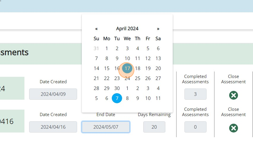 Psychologically Safe Team Assessment dashboard showing the Active Assessments section with the end date field selected and the calendar pop-up showing.