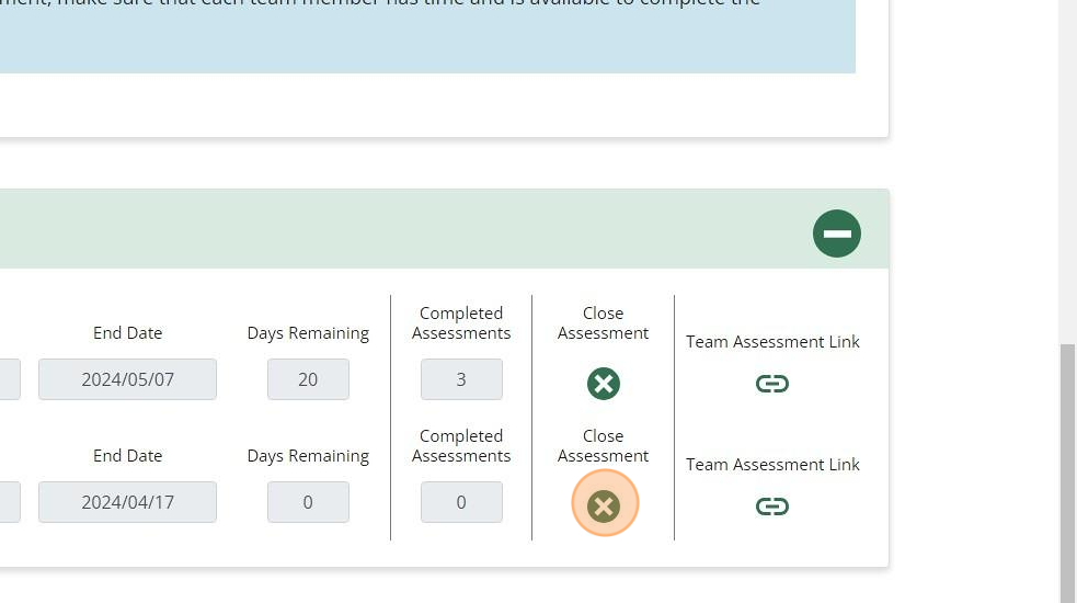 Psychologically Safe Team Assessment dashboard showing the close assessment button in the Active Assessments section.