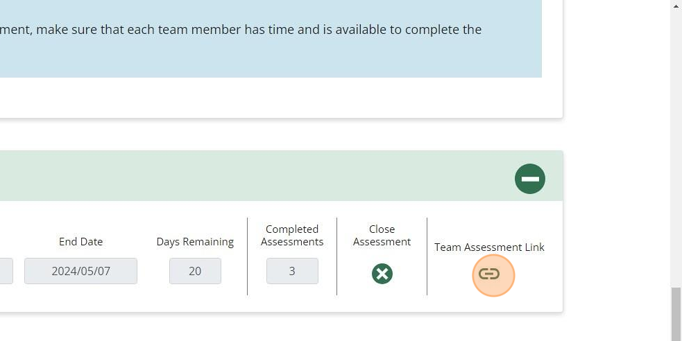 Psychologically Safe Team Assessment dashboard showing the Team Assessment link button in the Active Assessments section.