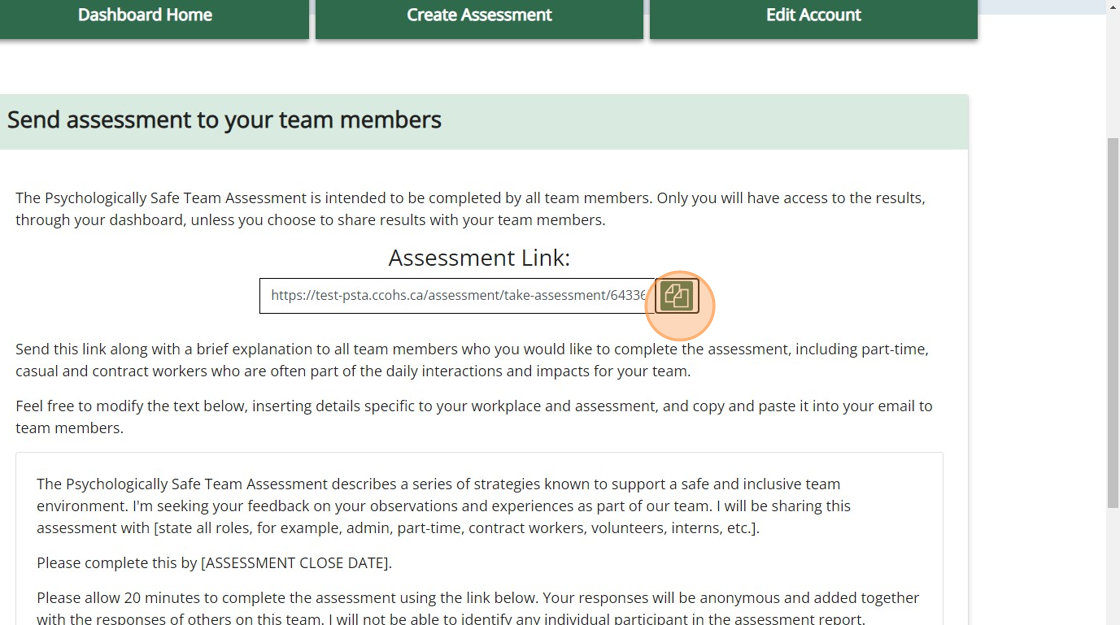 Psychologically Safe Team Assessment dashboard showing the copy button beside the unique assessment link.