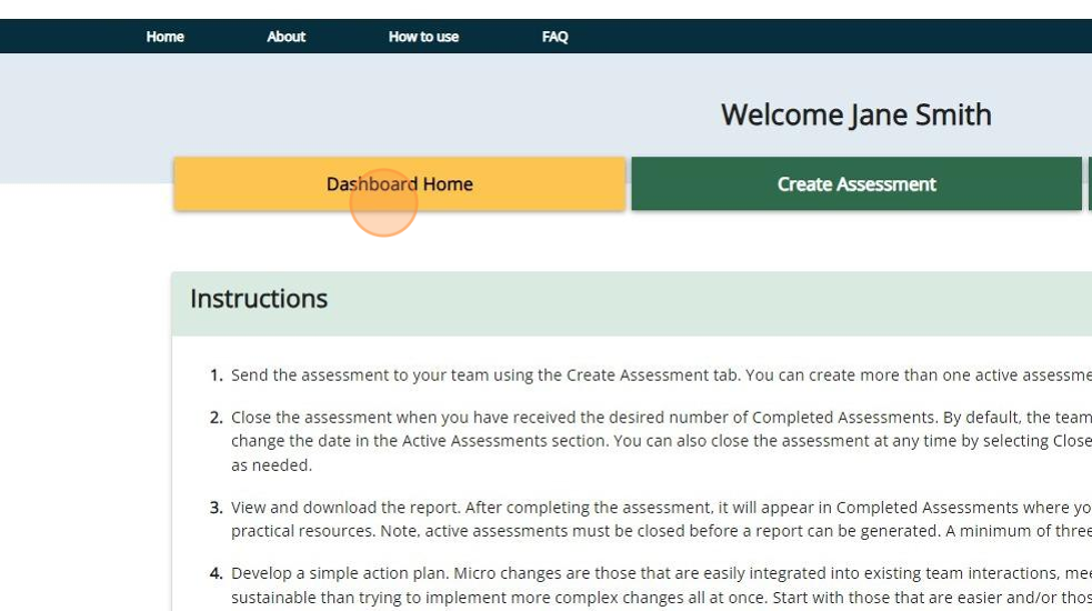 Psychologically Safe Team Assessment dashboard showing the Dashboard Home tab selected.