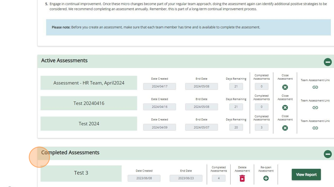 Psychologically Safe Team Assessment dashboard showing the Completed Assessments section.