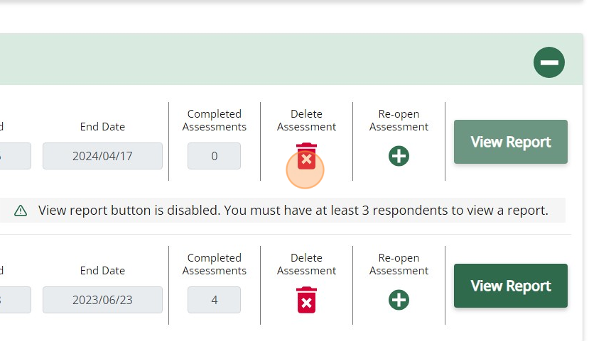 Psychologically Safe Team Assessment dashboard showing the delete assessment button in the Completed Assessments section.