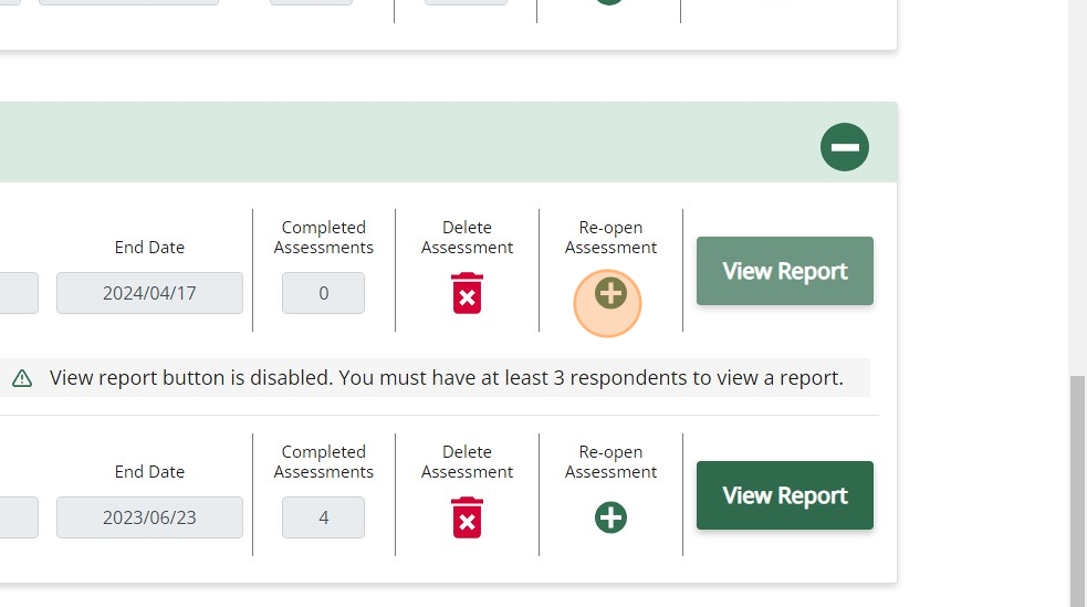 Psychologically Safe Team Assessment dashboard showing the re-open assessment button in the Completed Assessments section.