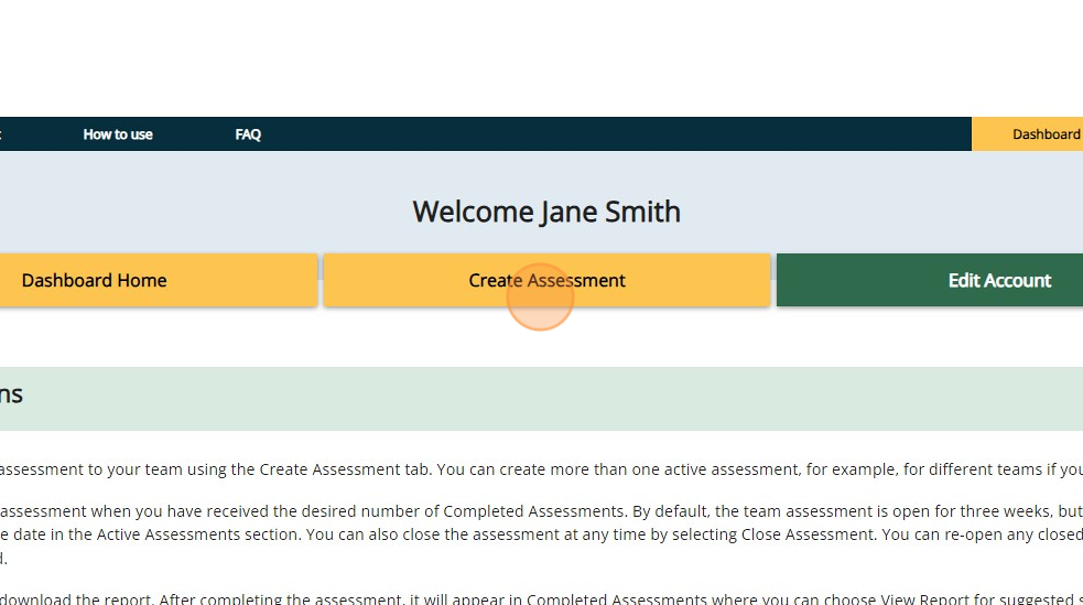 Psychologically Safe Team Assessment dashboard with the Create Assessment tab selected.