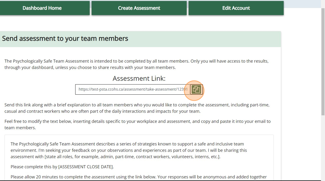 Psychologically Safe Team Assessment dashboard showing the unique assessment link.