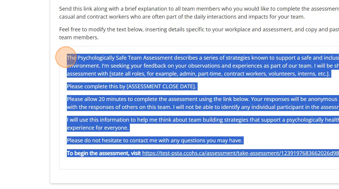 Psychologically Safe Team Assessment dashboard showing the template email text selected and highlighted.