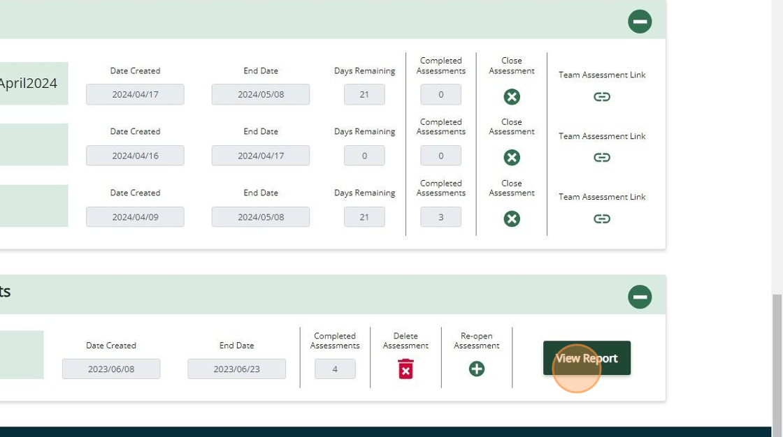 Psychologically Safe Team Assessment dashboard showing the View Report button in the Completed Assessments section.