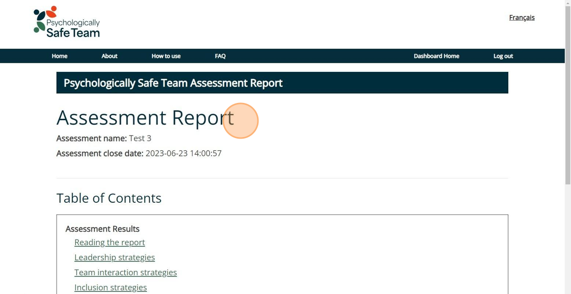 Psychologically Safe Team Assessment dashboard showing the online version of the Assessment Report.