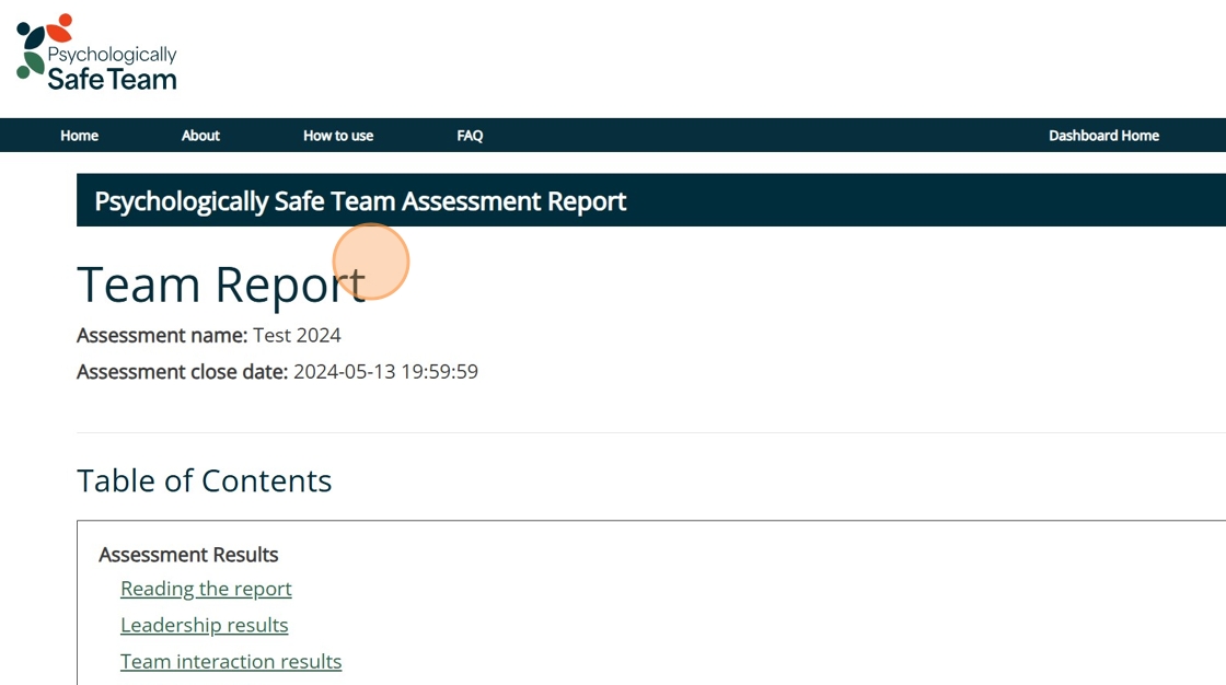 Psychologically Safe Team Assessment dashboard showing the online version of the Team Report.