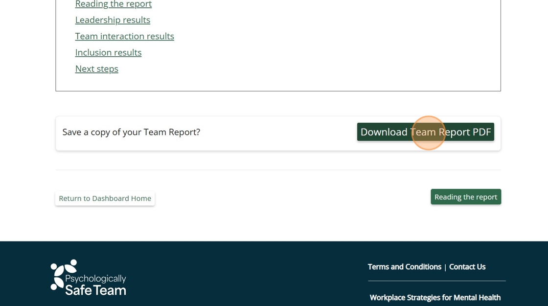 Psychologically Safe Team Assessment dashboard showing the Download Team Report PDF button selected.